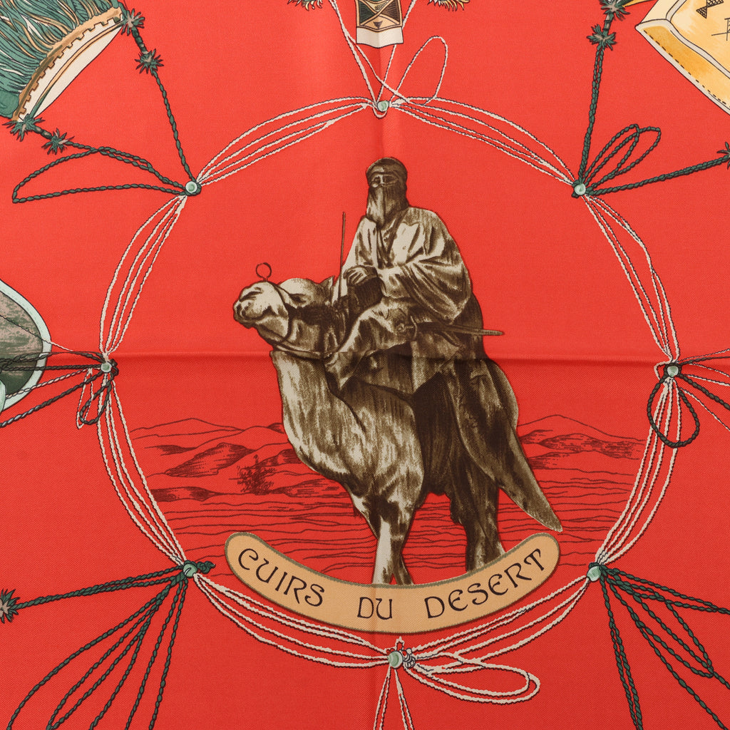 Hermès Carré 90 "CUIRS DU DESERT" Silk handkerchief in Red x Brown