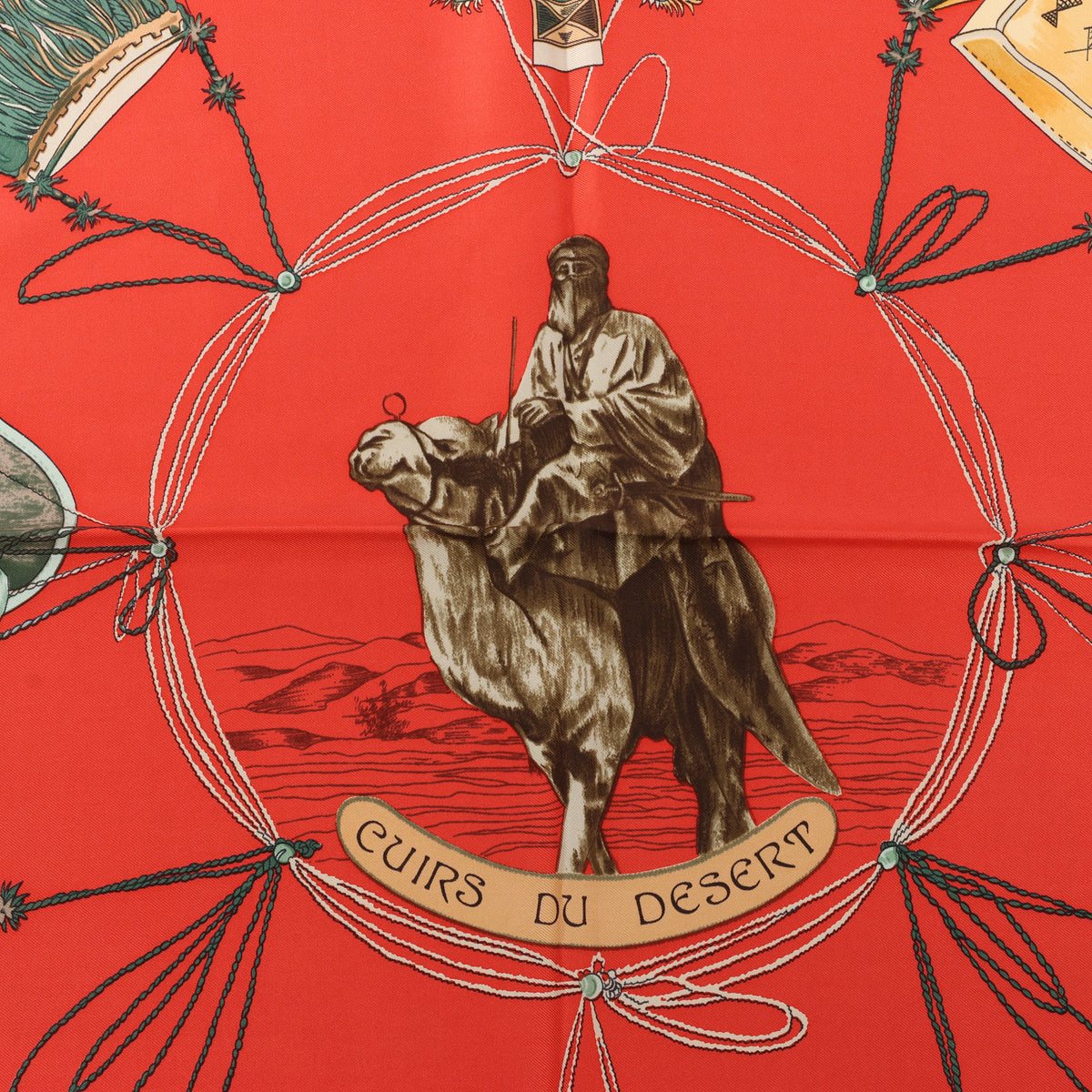 Hermès Carré 90 "CUIRS DU DESERT" Silk handkerchief in Red x Brown