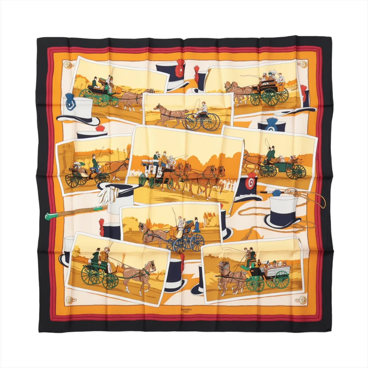 Hermès Carré 90 "Carriage and Hat" silk scarf in black and orange featuring illustrated horse-drawn carriages, top hats, gloves, and riding crops in a collage layout with a warm, autumnal color palette.