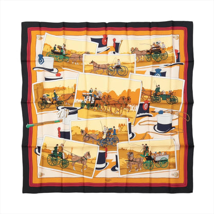 Hermès Carré 90 "Carriage and Hat" silk scarf in black and orange featuring illustrated horse-drawn carriages, top hats, gloves, and riding crops in a collage layout with a warm, autumnal color palette.