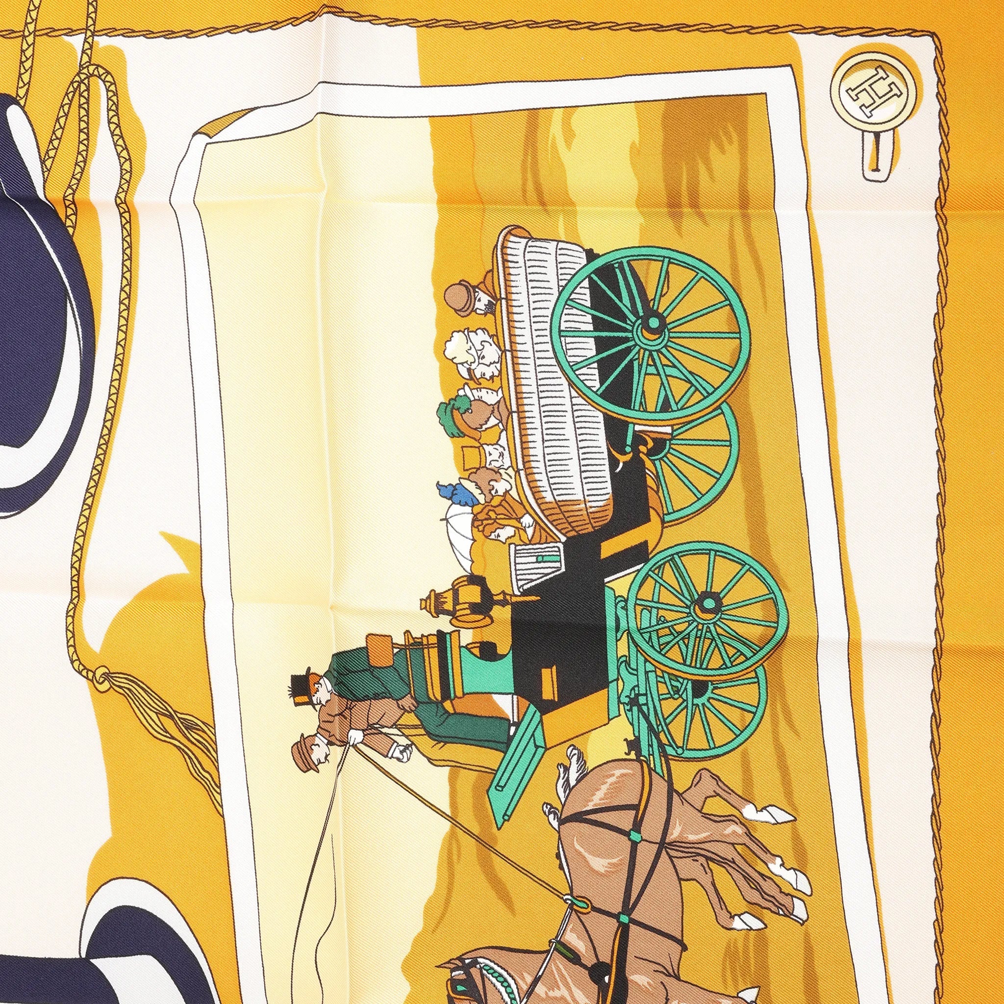 Hermès Carré 90 "Carriage and Hat" Silk handkerchief in Black x Orange