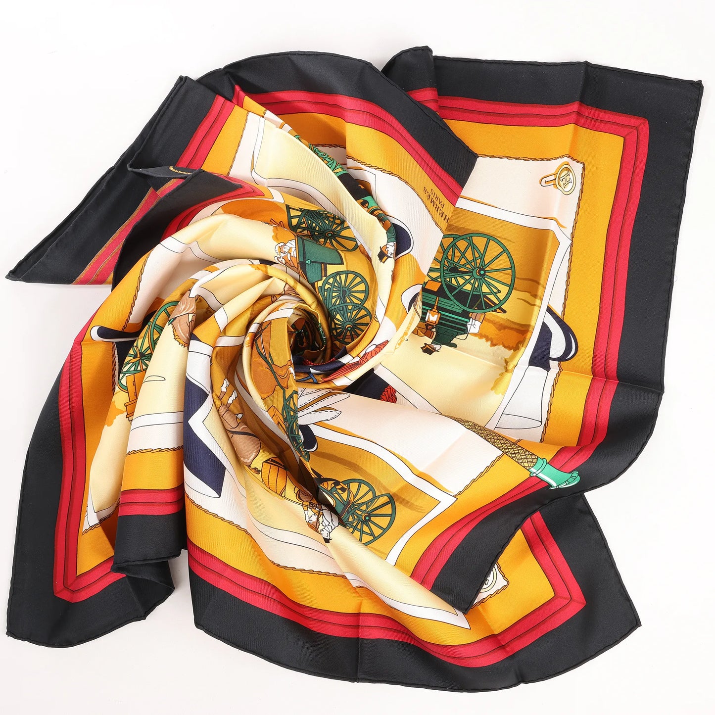 Hermès Carré 90 "Carriage and Hat" Silk handkerchief in Black x Orange