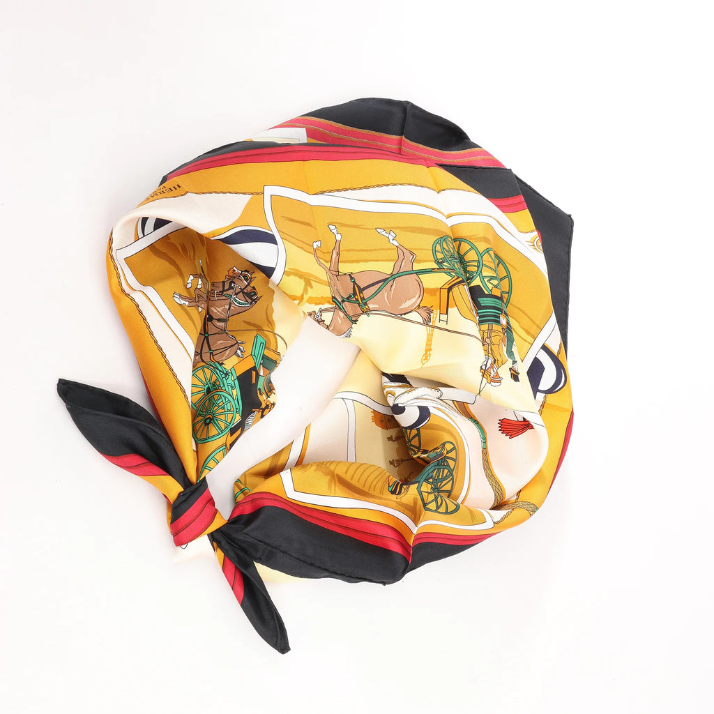 Hermès Carré 90 "Carriage and Hat" Silk handkerchief in Black x Orange