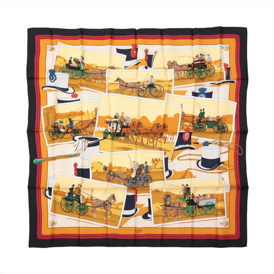 Hermès Carré 90 "Carriage and Hat" silk scarf in black and orange featuring illustrated horse-drawn carriages, top hats, gloves, and riding crops in a collage layout with a warm, autumnal color palette.