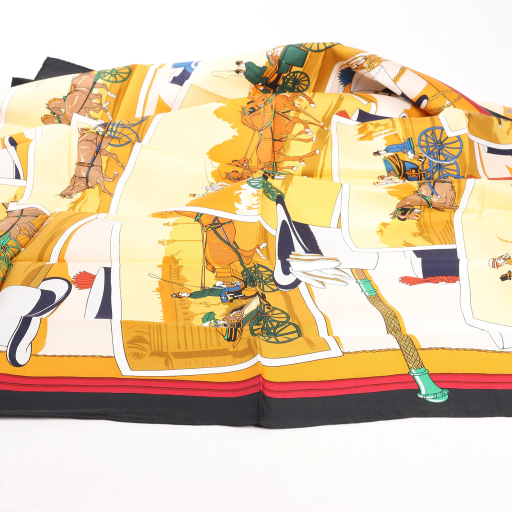 Hermès Carré 90 "Carriage and Hat" Silk handkerchief in Black x Orange