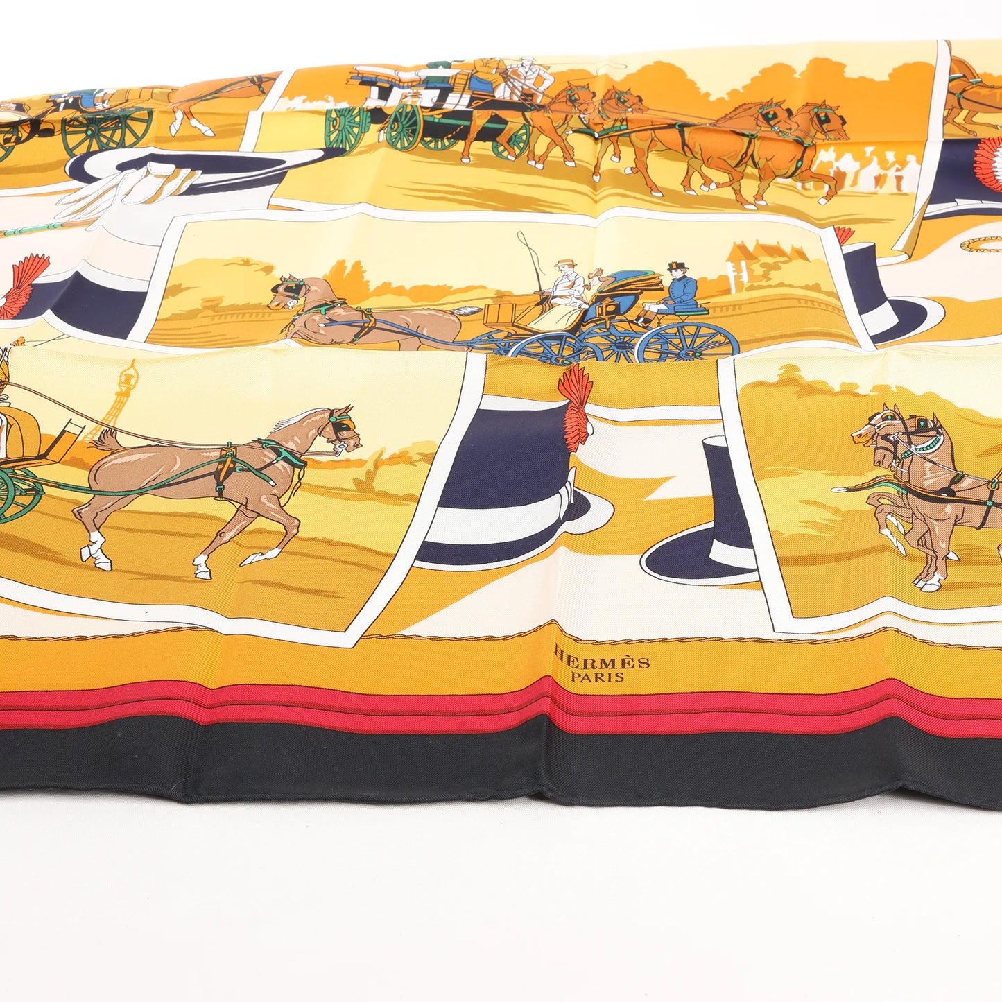 Hermès Carré 90 "Carriage and Hat" Silk handkerchief in Black x Orange