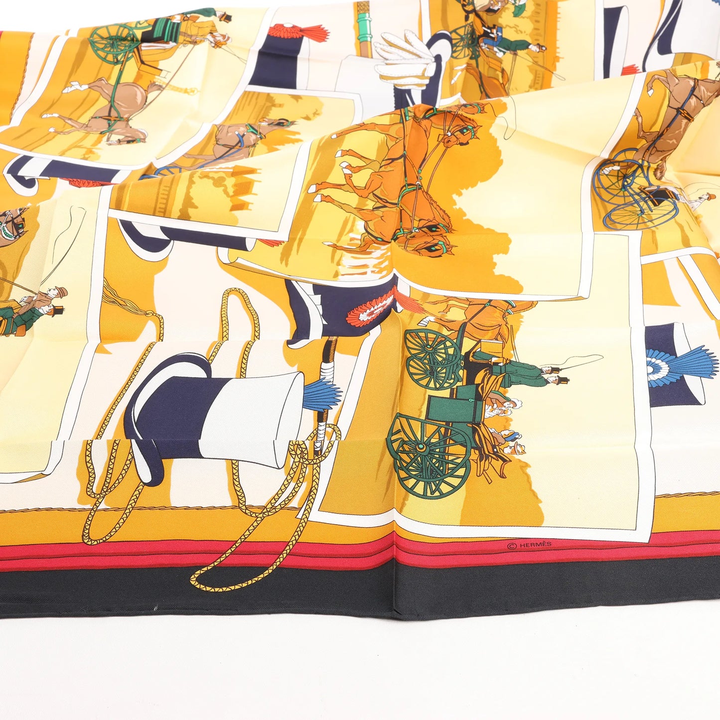 Hermès Carré 90 "Carriage and Hat" Silk handkerchief in Black x Orange