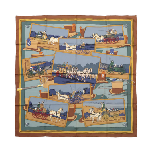Hermès Carré 90 "Carriage and hat" 100% Silk Scarf in Brown