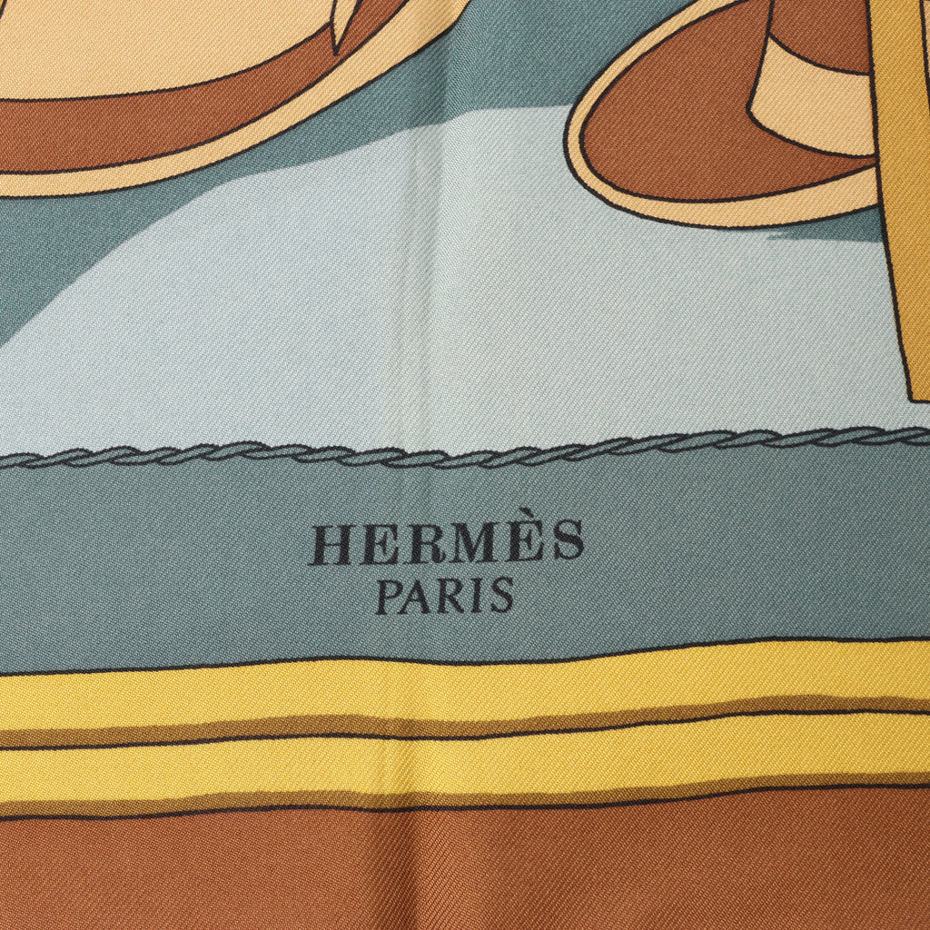Hermès Carré 90 "Carriage and hat" 100% Silk Scarf in Brown