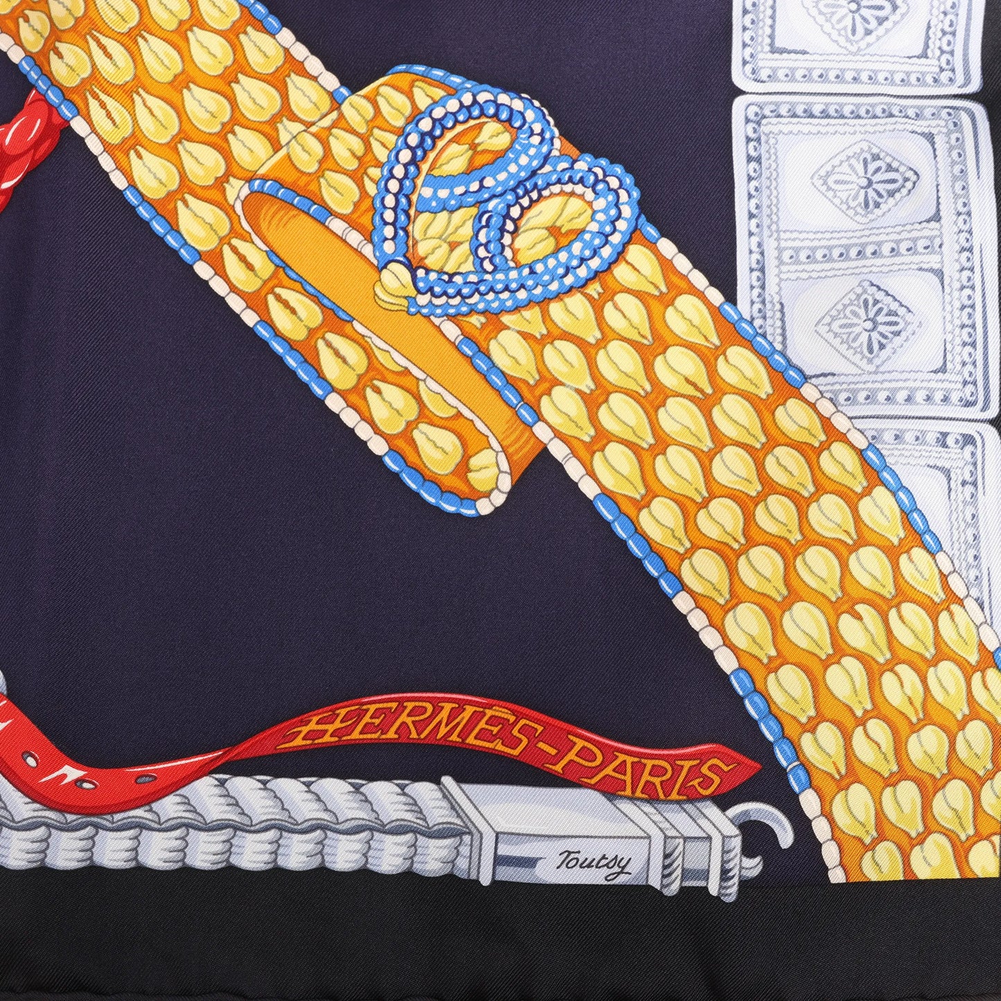 Hermès Carré 90 „Ceintures et Liens Belts and Strings“ Seidentaschentuch in Marineblau