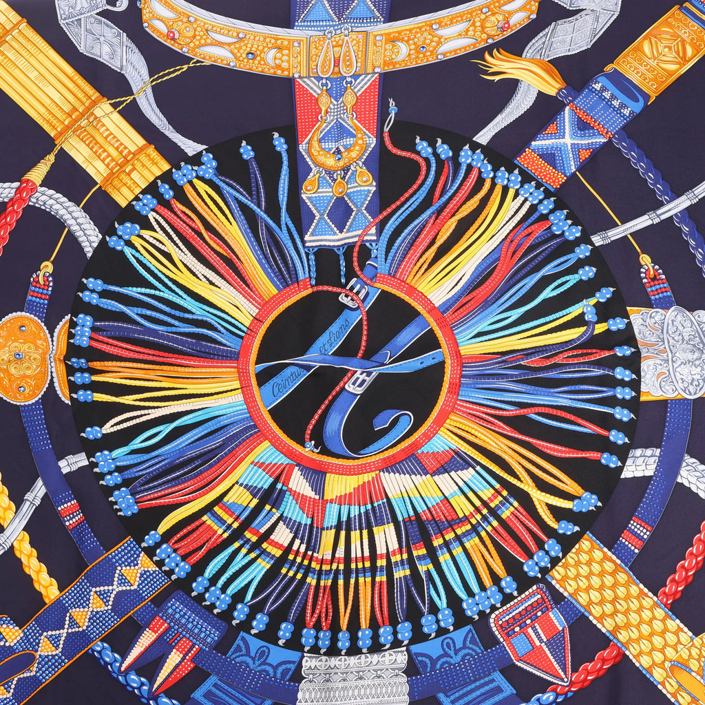Hermès Carré 90 "Ceintures et Liens Belts and Strings" Silk handkerchief in Navy Blue
