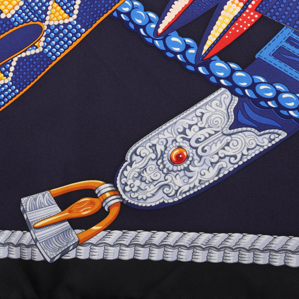Hermès Carré 90 "Ceintures et Liens Belts and Strings" Silk handkerchief in Navy Blue