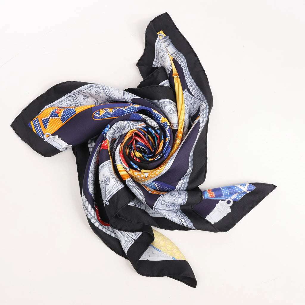 Hermès Carré 90 "Ceintures et Liens Belts and Strings" Silk handkerchief in Navy Blue
