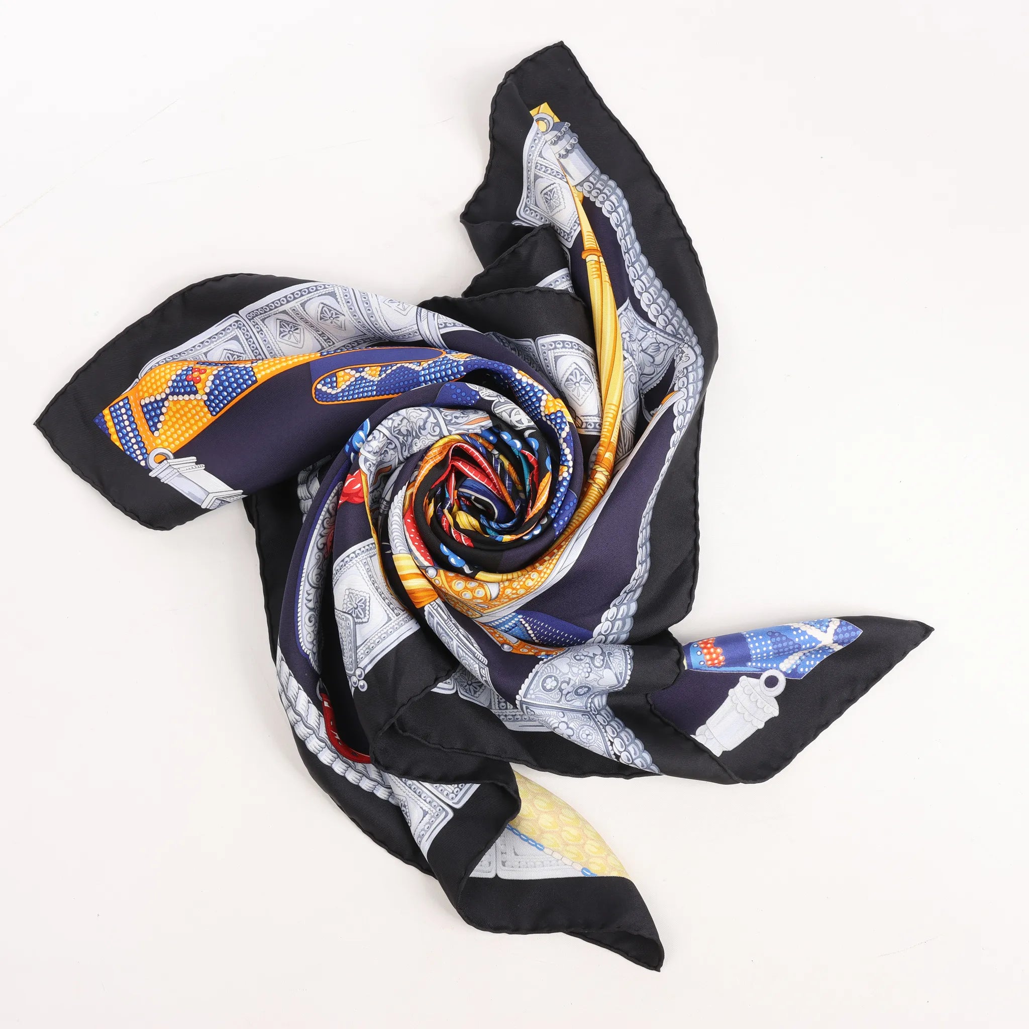 Hermès Carré 90 "Ceintures et Liens Belts and Strings" Silk handkerchief in Navy Blue