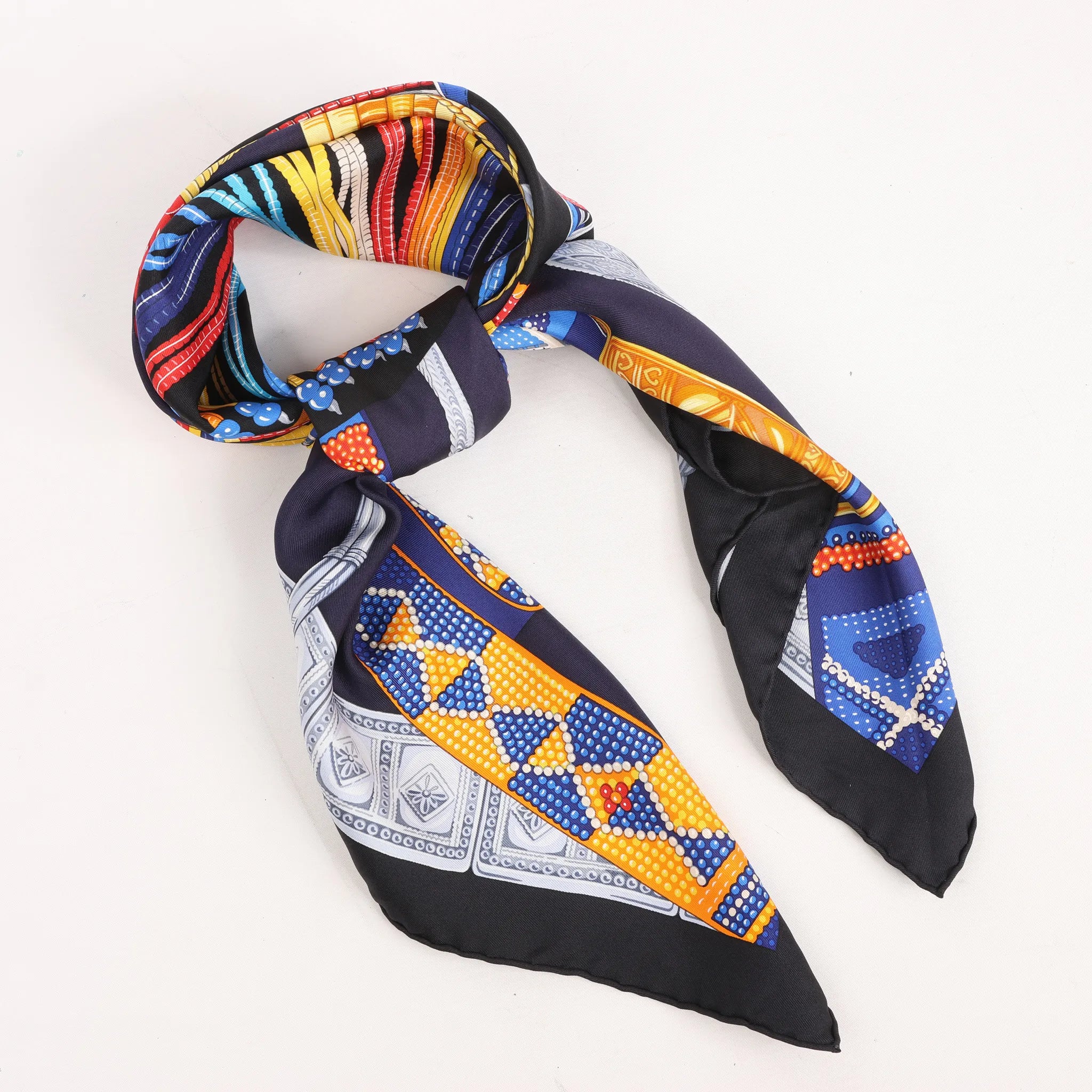 Hermès Carré 90 "Ceintures et Liens Belts and Strings" Silk handkerchief in Navy Blue