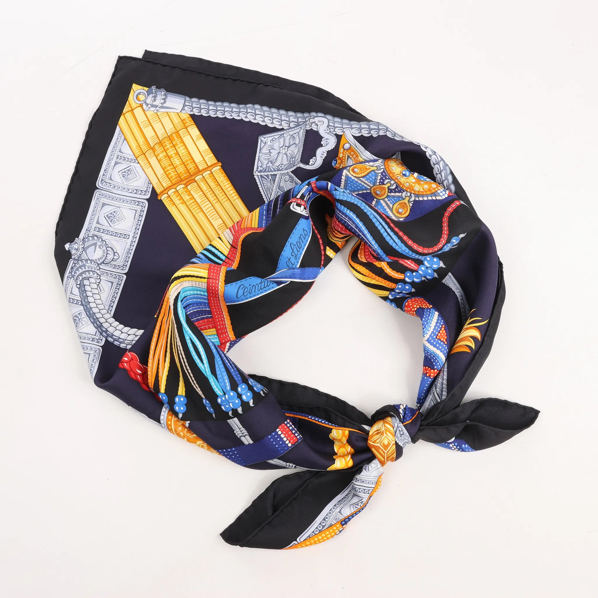 Hermès Carré 90 "Ceintures et Liens Belts and Strings" Silk handkerchief in Navy Blue