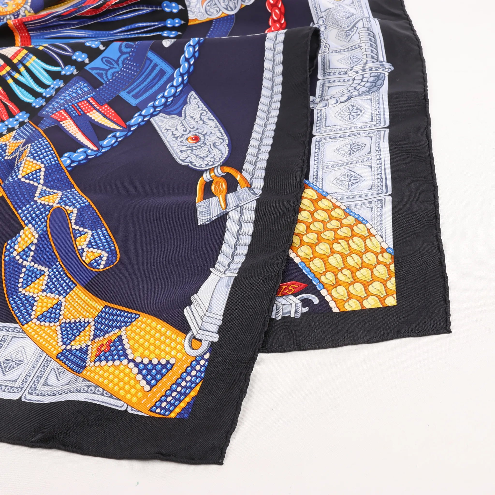 Hermès Carré 90 "Ceintures et Liens Belts and Strings" Silk handkerchief in Navy Blue