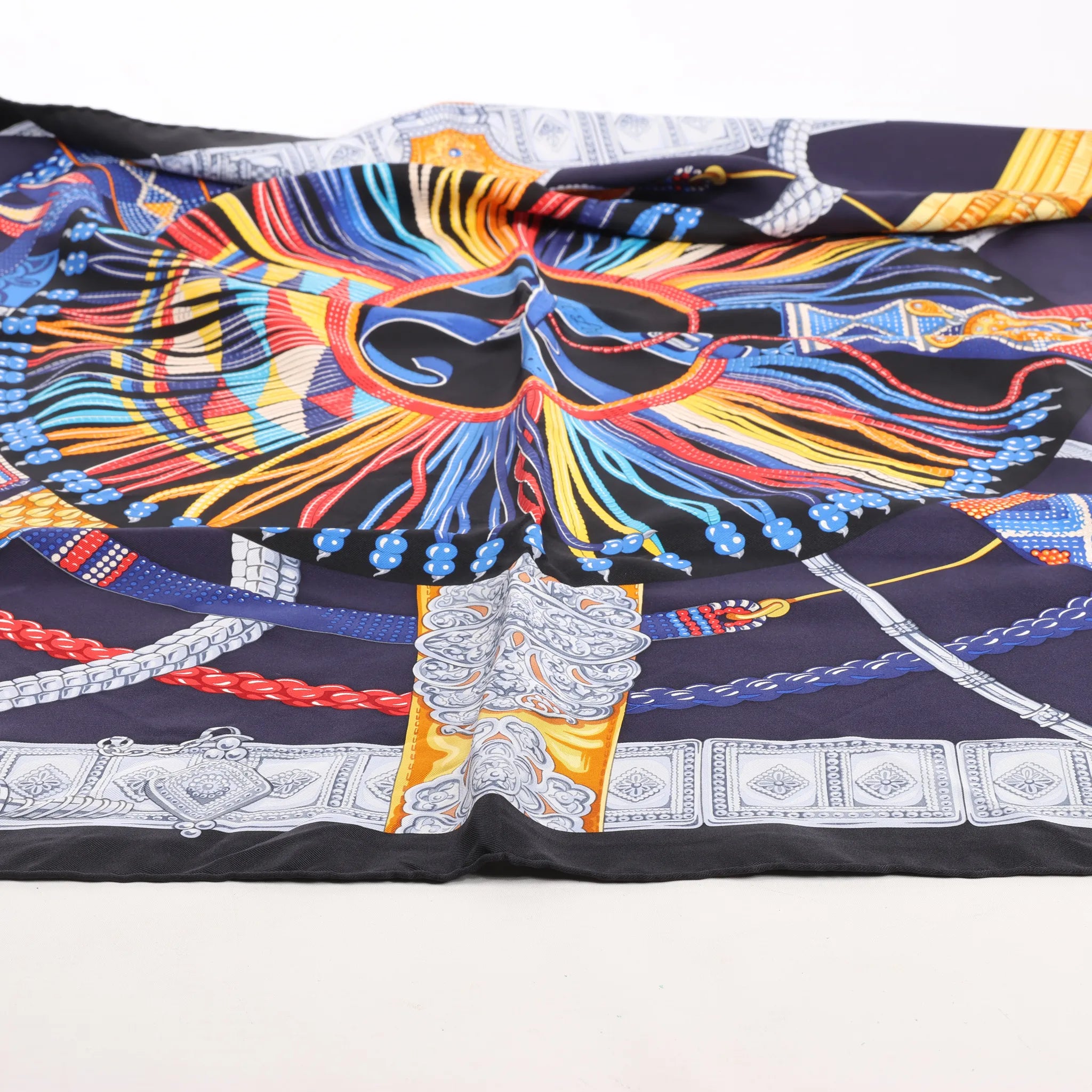 Hermès Carré 90 "Ceintures et Liens Belts and Strings" Silk handkerchief in Navy Blue
