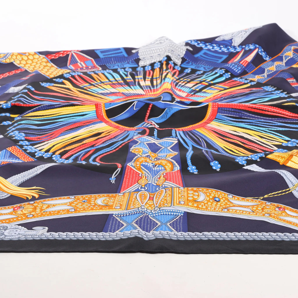 Hermès Carré 90 "Ceintures et Liens Belts and Strings" Silk handkerchief in Navy Blue