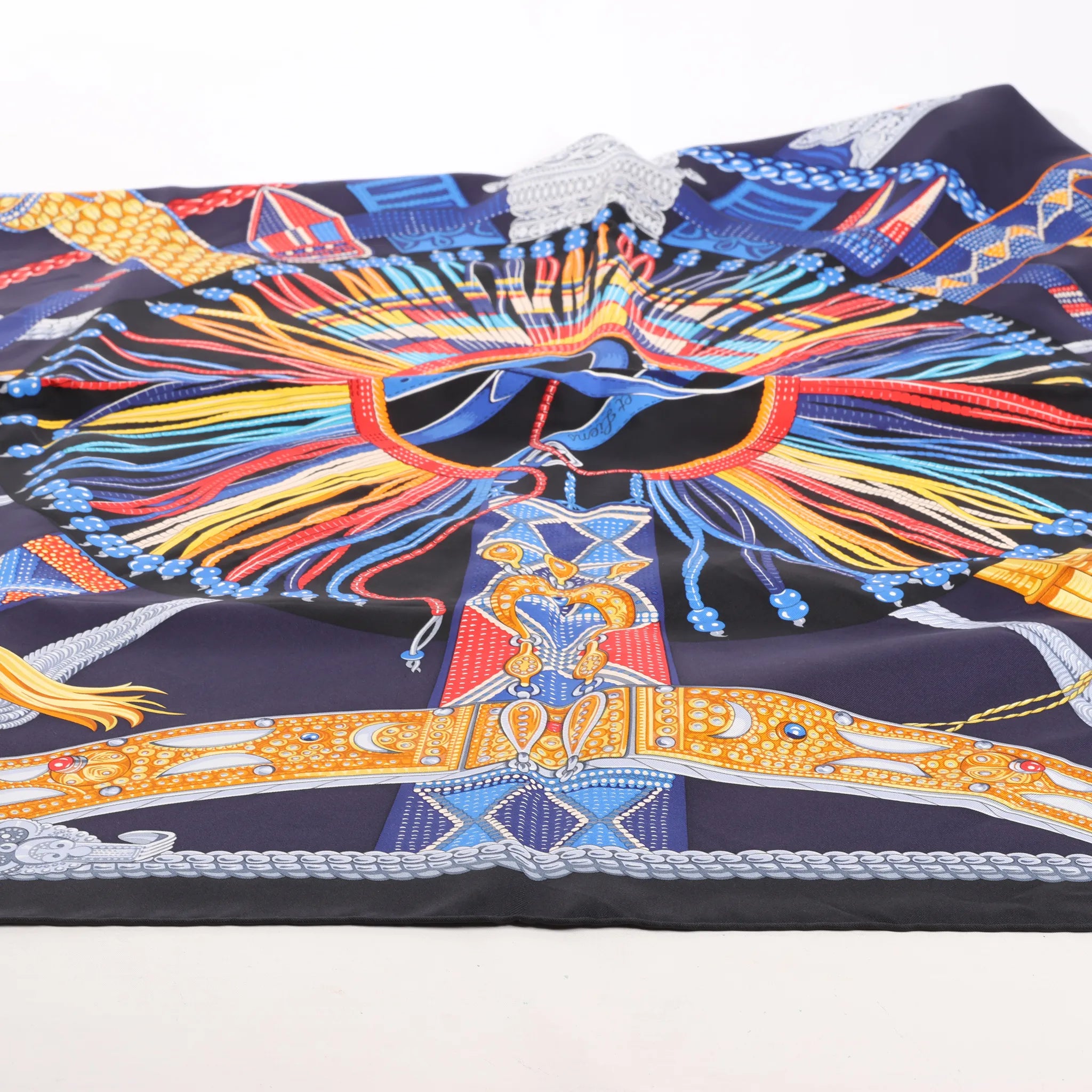 Hermès Carré 90 "Ceintures et Liens Belts and Strings" Silk handkerchief in Navy Blue