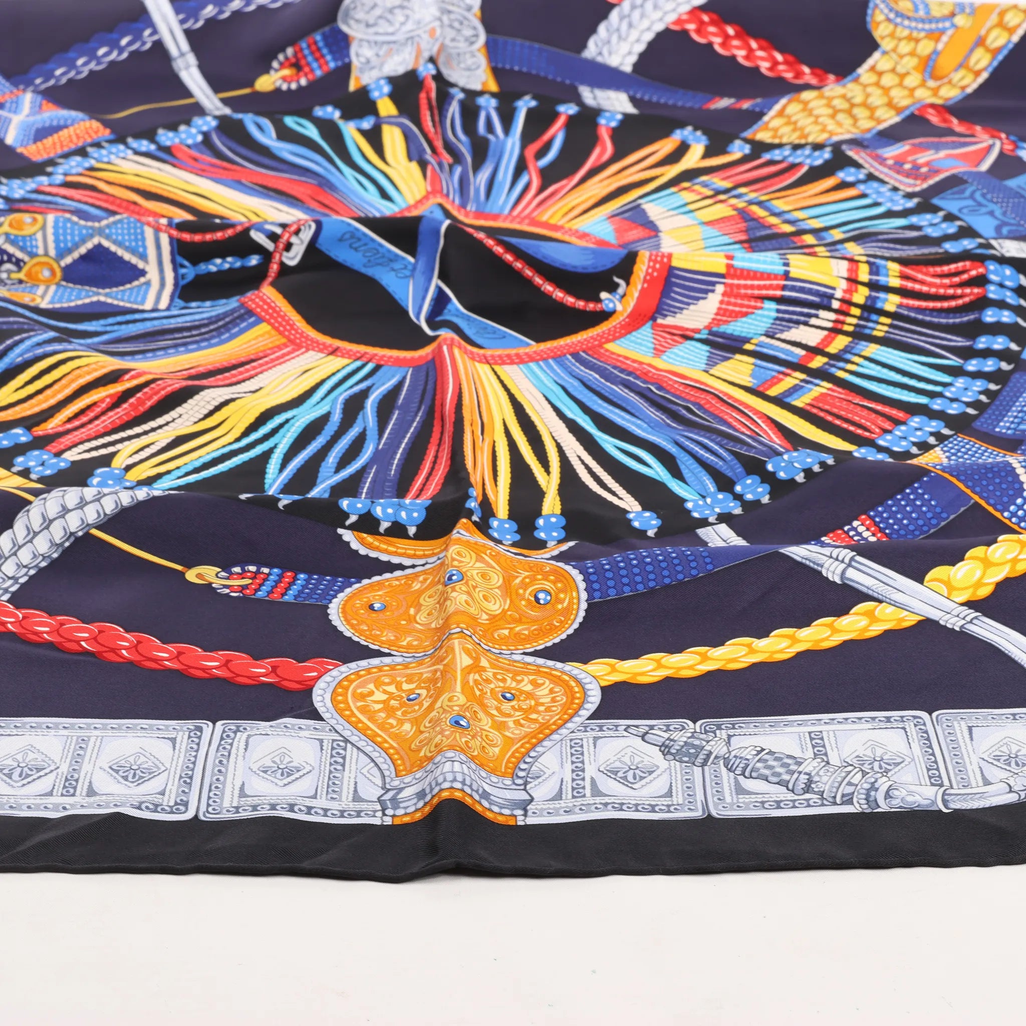 Hermès Carré 90 "Ceintures et Liens Belts and Strings" Silk handkerchief in Navy Blue