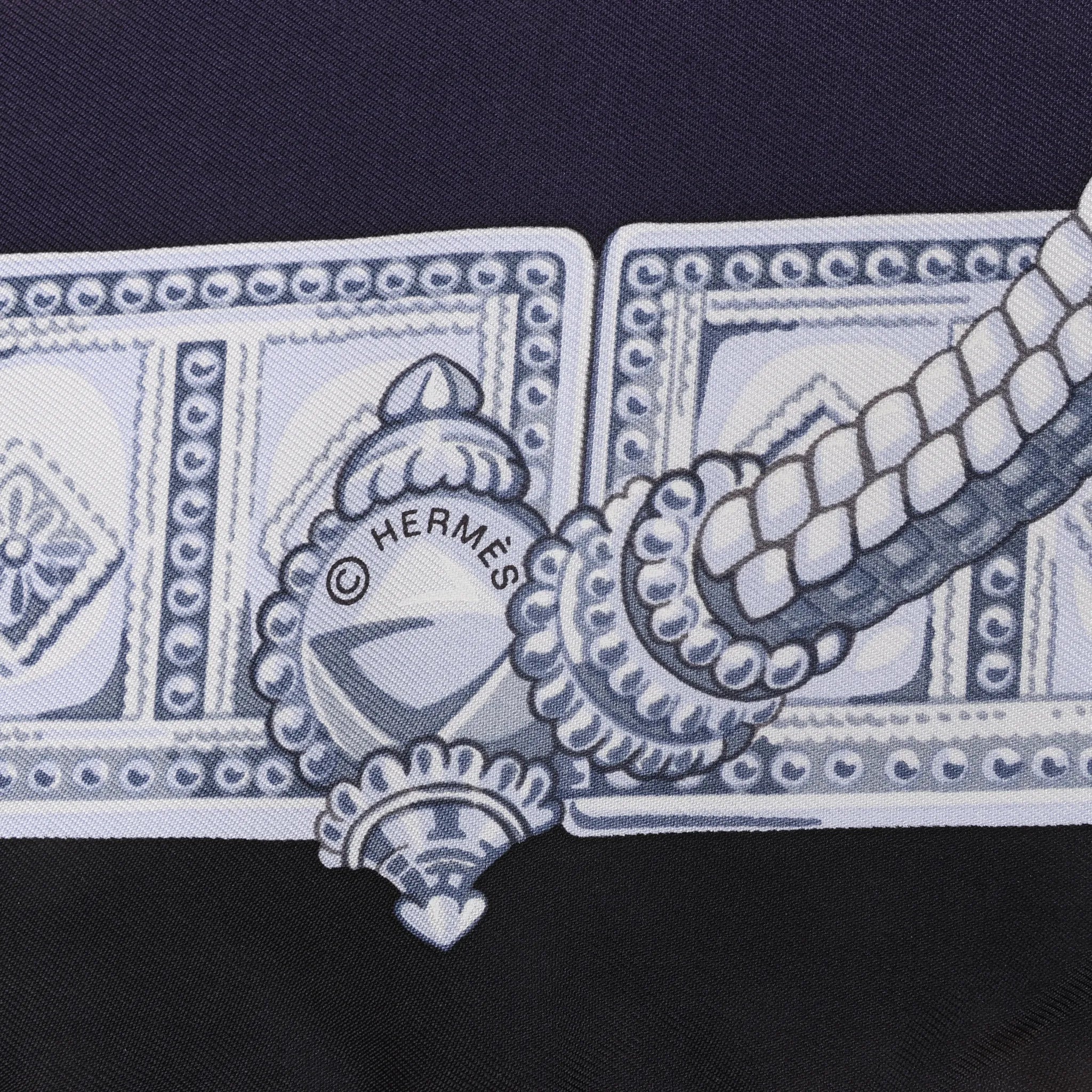 Hermès Carré 90 "Ceintures et Liens Belts and Strings" Silk handkerchief in Navy Blue