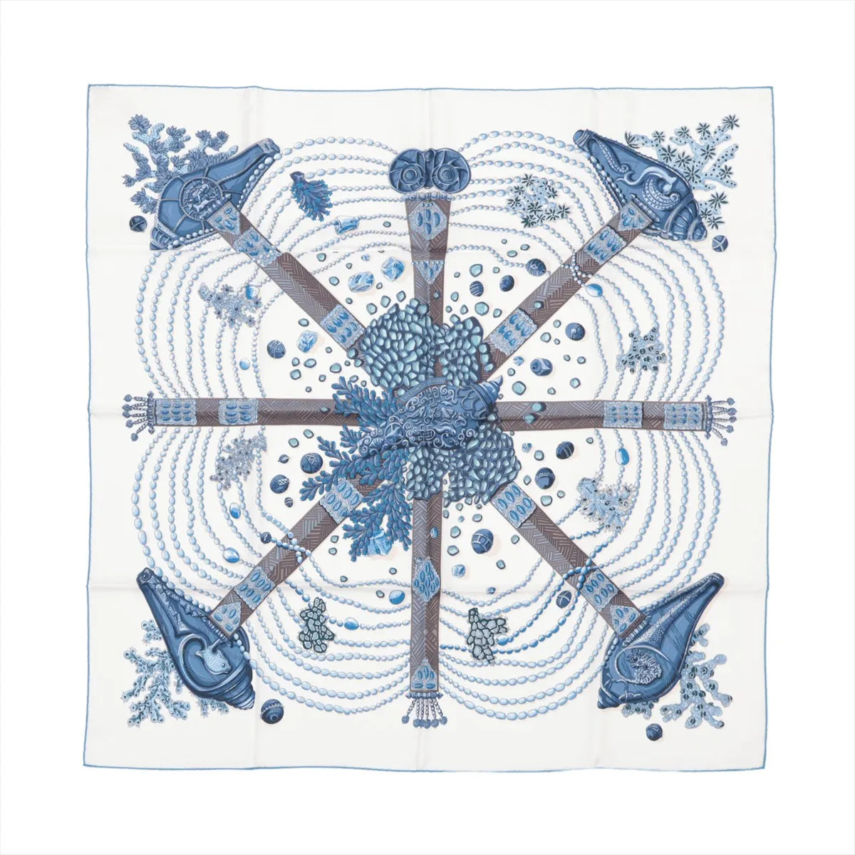 Hermès Carré 90 "Chemins de Corail" silk handkerchief in blue, featuring a detailed design of coral, pearls, and sea-inspired patterns arranged in a circular layout, displayed flat against a white background.