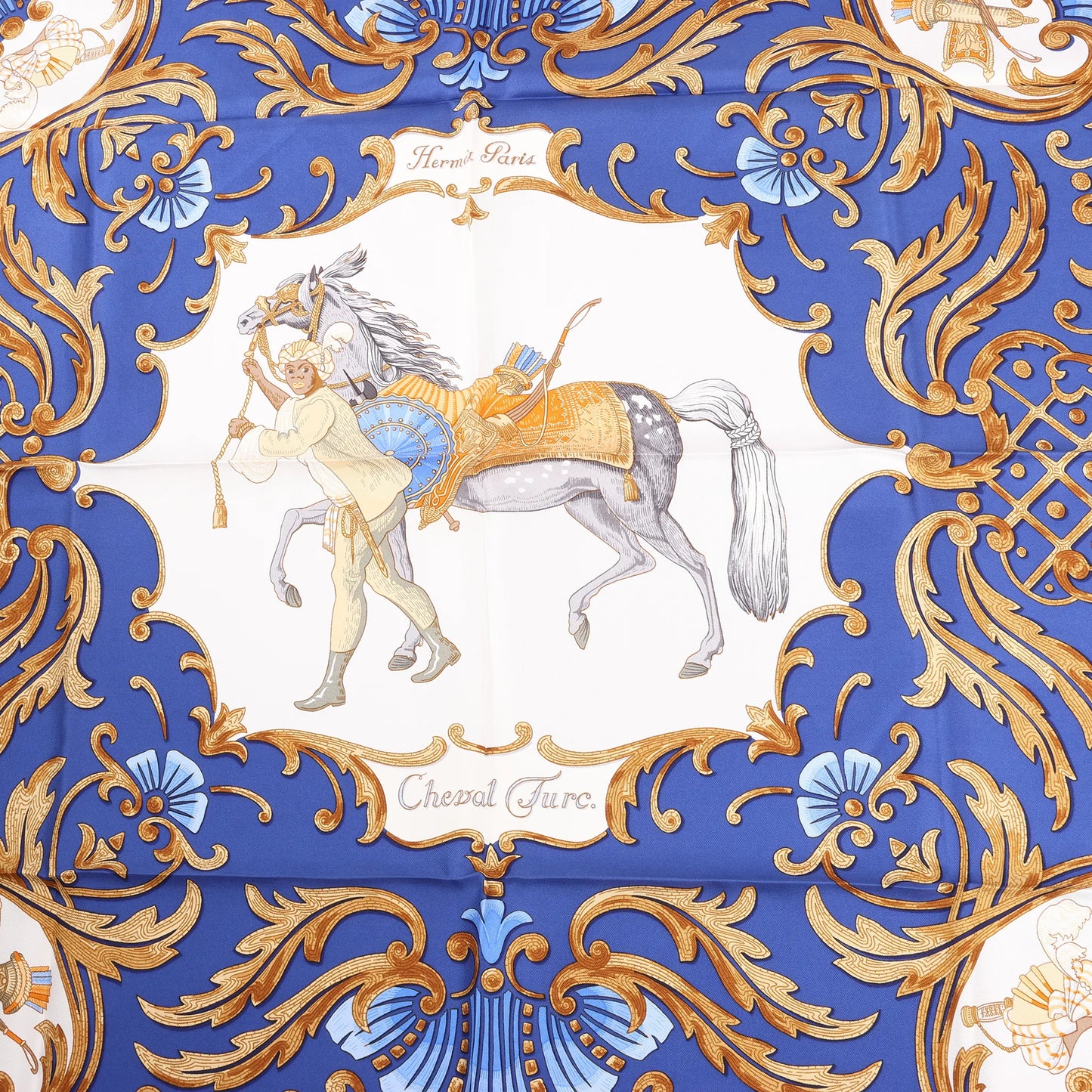Hermès Carré 90 "Cheval Turc" Silk handkerchief in Blue