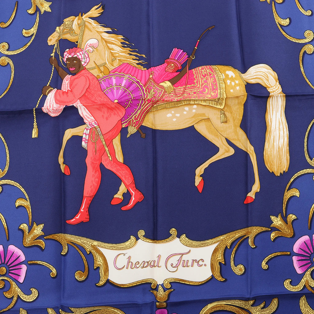 Hermès Carré 90 "Cheval Turc" Silk handkerchief in Navy Blue