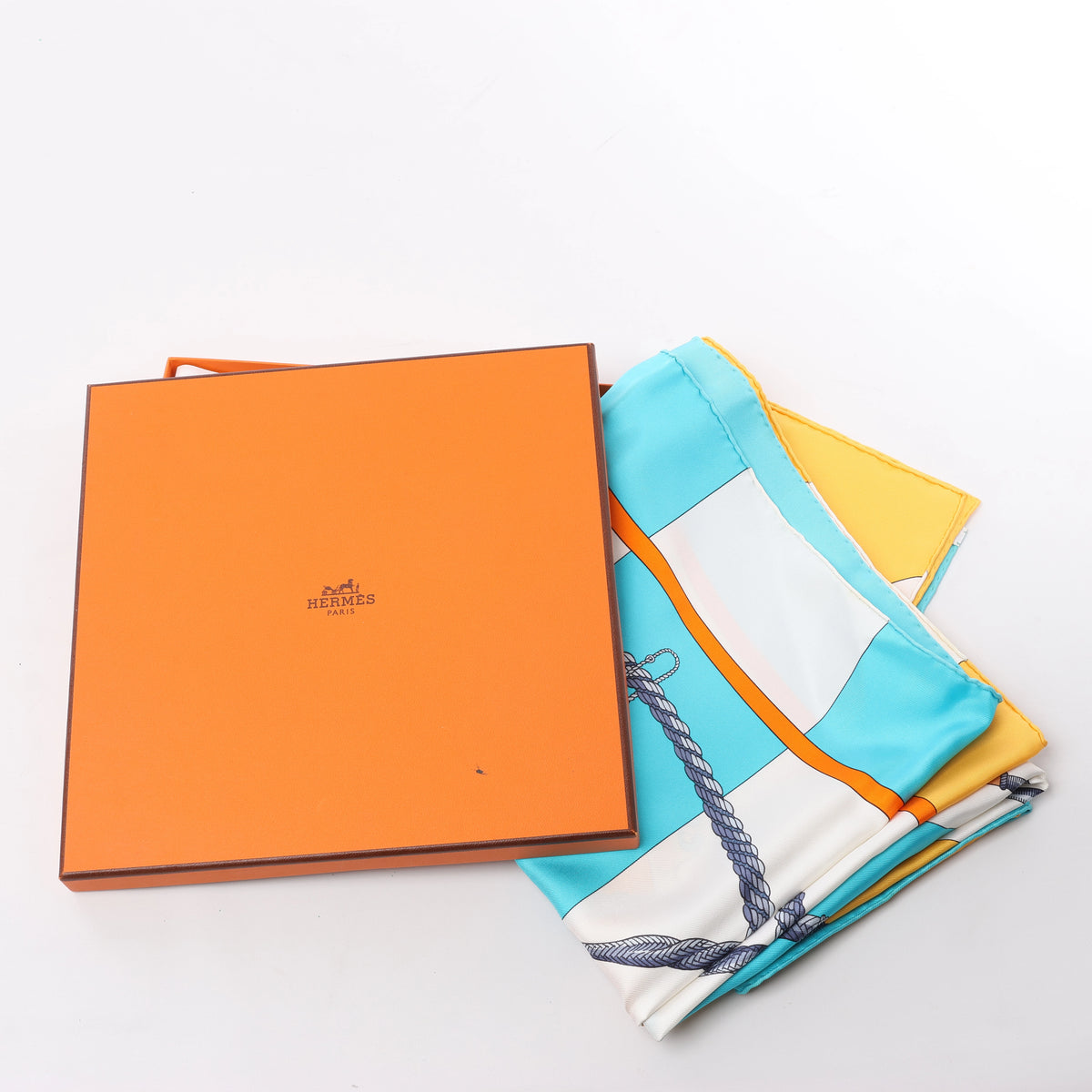 Hermès Carré 90 "Clic Clac" Scarf Silk in Blue x Yellow