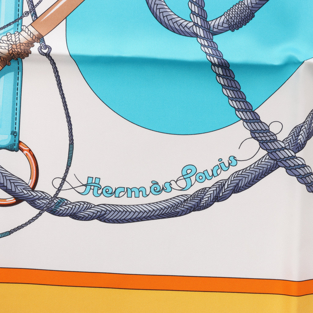 Hermès Carré 90 "Clic Clac" Scarf Silk in Blue x Yellow