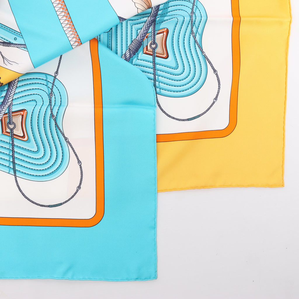 Hermès Carré 90 "Clic Clac" Scarf Silk in Blue x Yellow