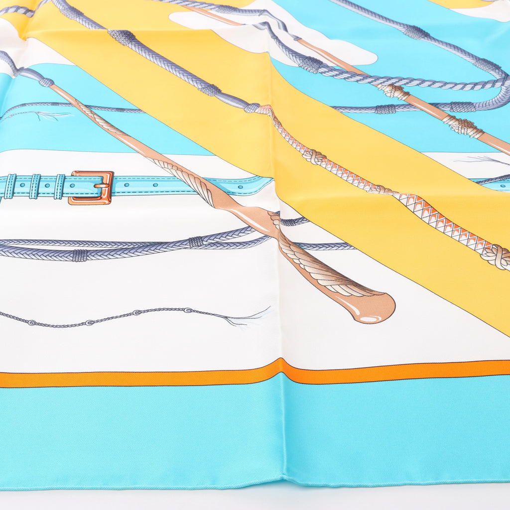 Hermès Carré 90 "Clic Clac" Scarf Silk in Blue x Yellow