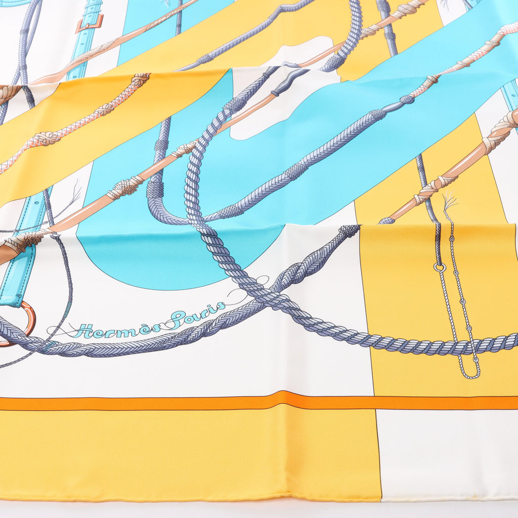 Hermès Carré 90 "Clic Clac" Scarf Silk in Blue x Yellow