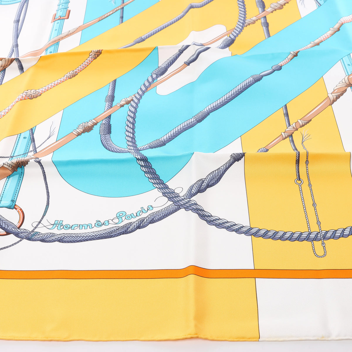 Hermès Carré 90 "Clic Clac" Scarf Silk in Blue x Yellow