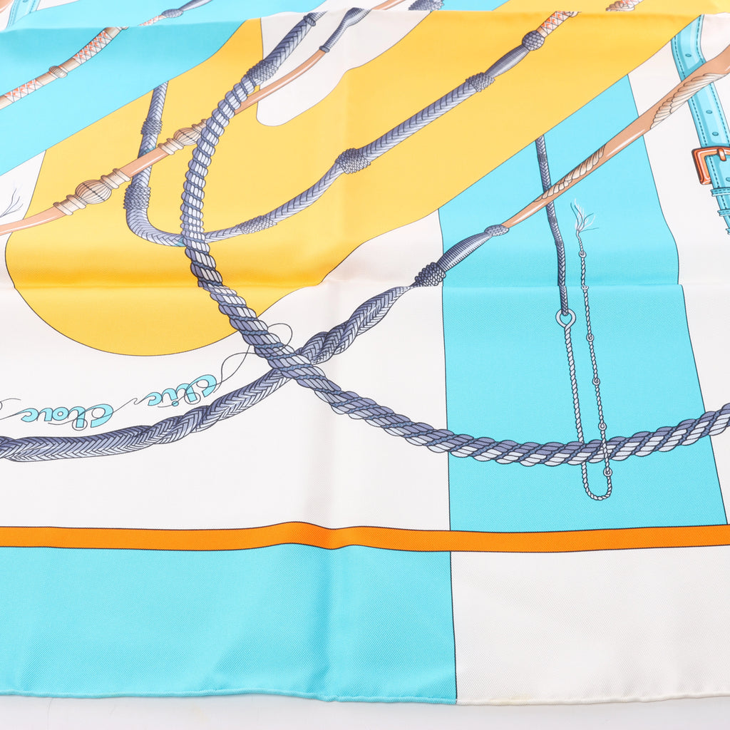 Hermès Carré 90 "Clic Clac" Scarf Silk in Blue x Yellow