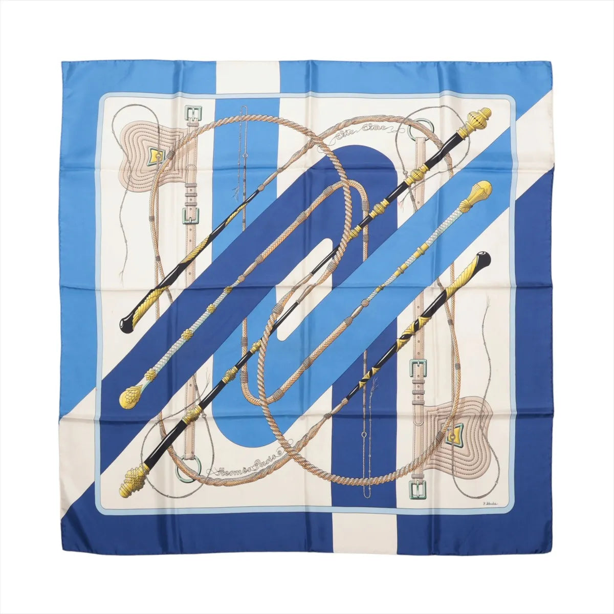 Flat view of a blue and ivory Hermès Carré 90 silk scarf with diagonal stripes, riding crops, reins and equestrian tack illustrations.