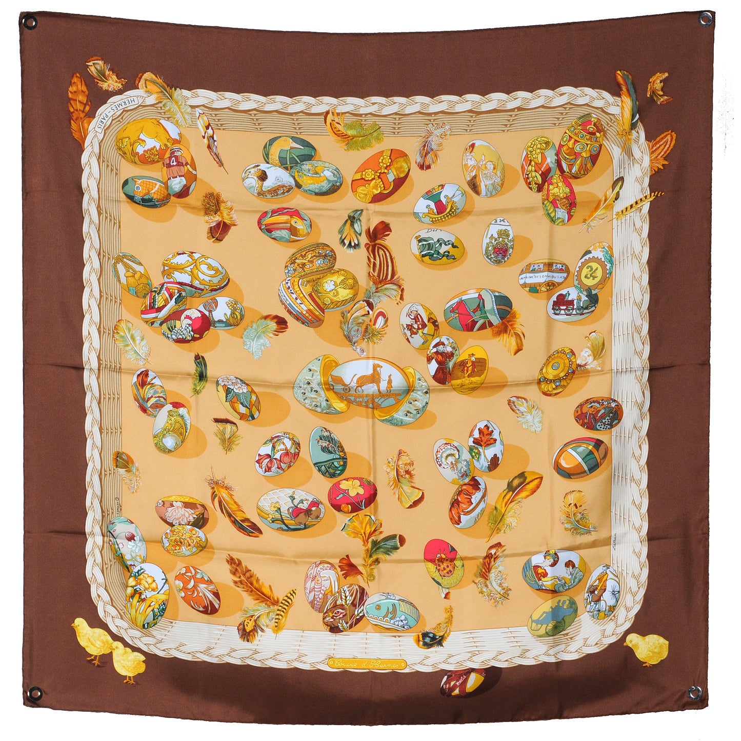 Hermès Carré 90 "Couvée d’Hermès" double-pleated silk handkerchief in brown, featuring a diamond-shaped silhouette with multicolored illustrations of birds and feathers on a warm beige background, framed by layered pleated edges.