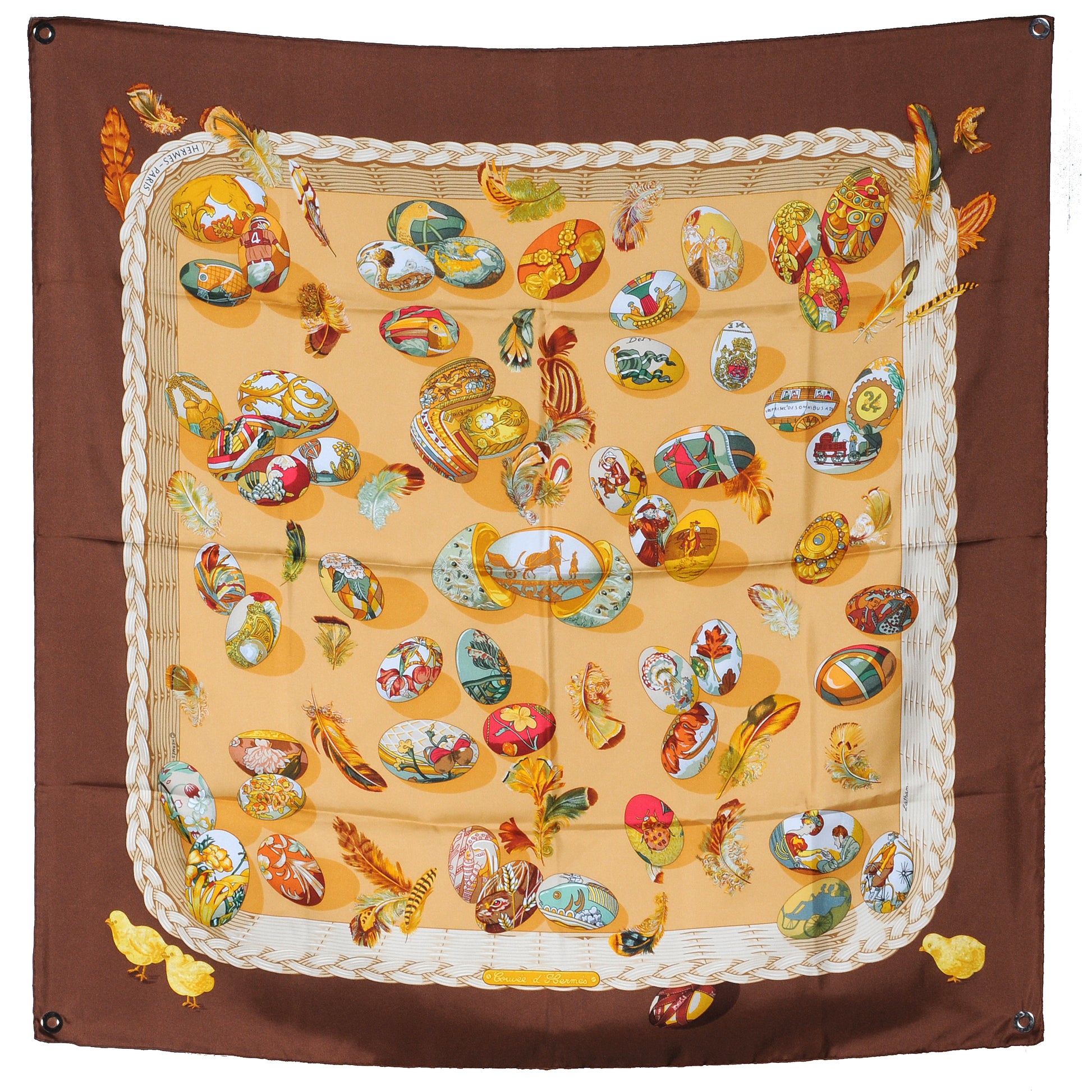 Hermès Carré 90 "Couvée d’Hermès" double-pleated silk handkerchief in brown, featuring a diamond-shaped silhouette with multicolored illustrations of birds and feathers on a warm beige background, framed by layered pleated edges.