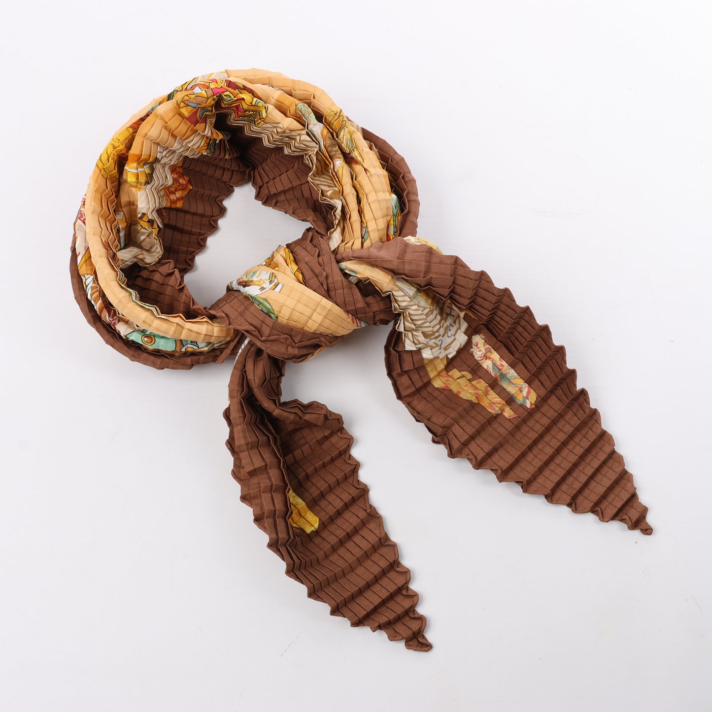 Hermès Carré 90 "Couvee D Hermes" Double Pleated Silk handkerchief in Brown