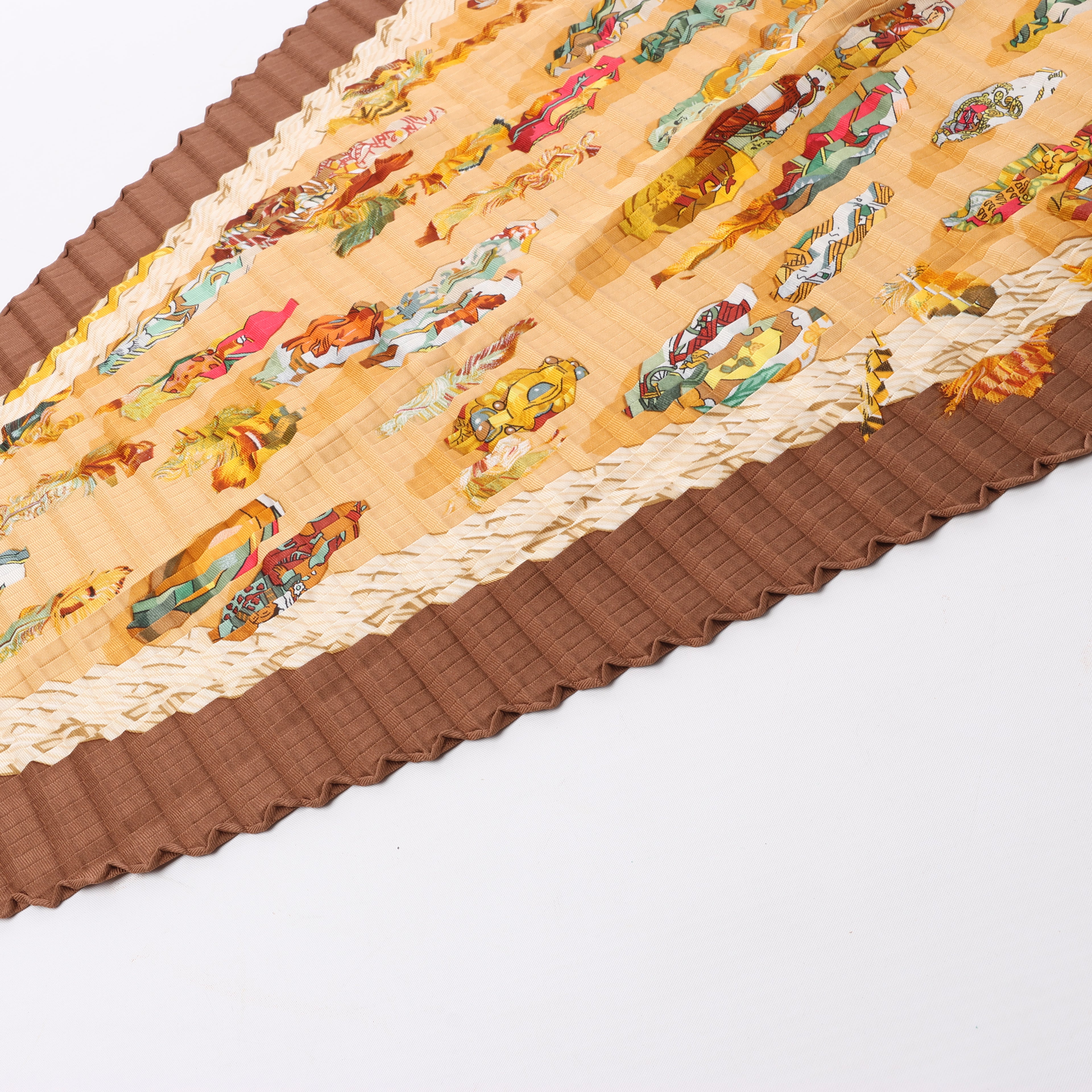Hermès Carré 90 "Couvee D Hermes" Double Pleated Silk handkerchief in Brown