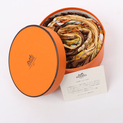 Hermès Carré 90 "Couvee D Hermes" Double Pleated Silk handkerchief in Brown