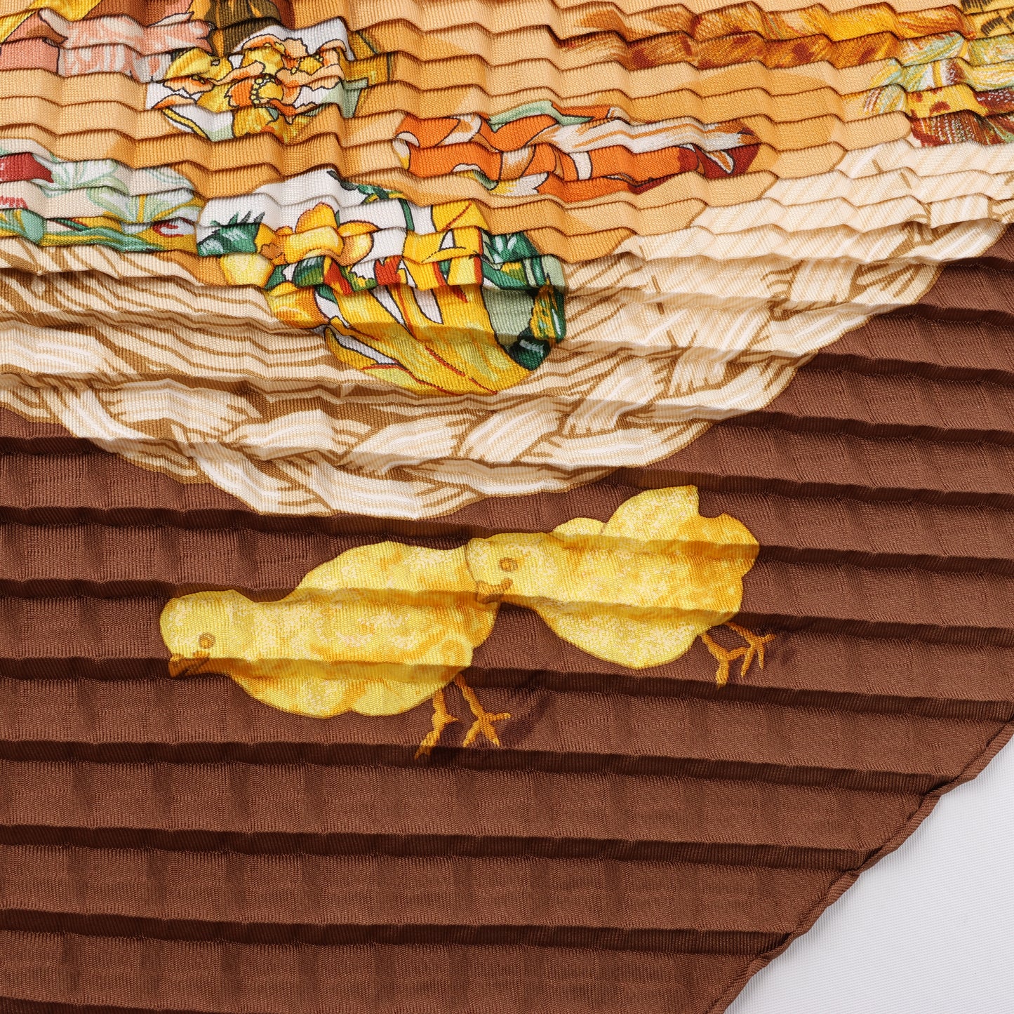 Hermès Carré 90 "Couvee D Hermes" Double Pleated Silk handkerchief in Brown
