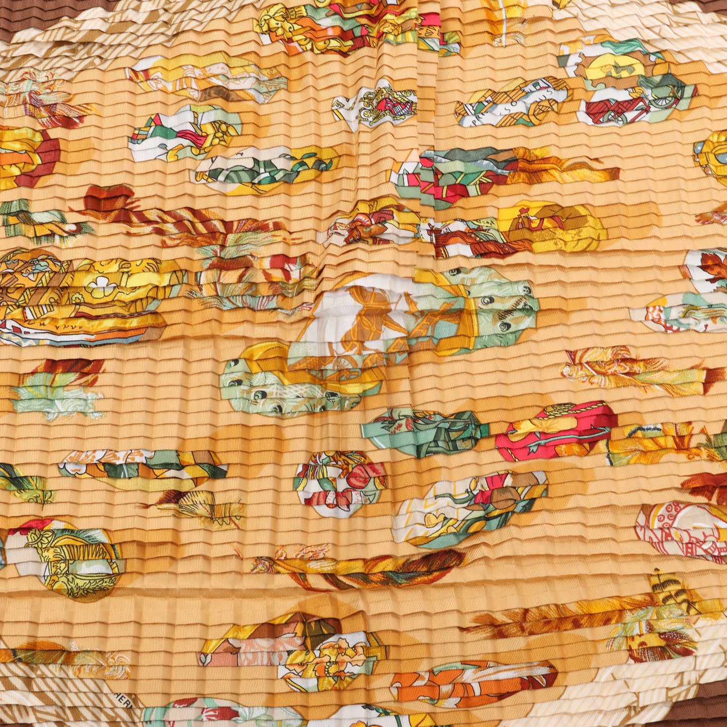 Hermès Carré 90 "Couvee D Hermes" Double Pleated Silk handkerchief in Brown