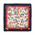 Hermès Carré 90 navy silk scarf with red braided border and cream center featuring multicolor illustrated eggs and scattered feather motifs.