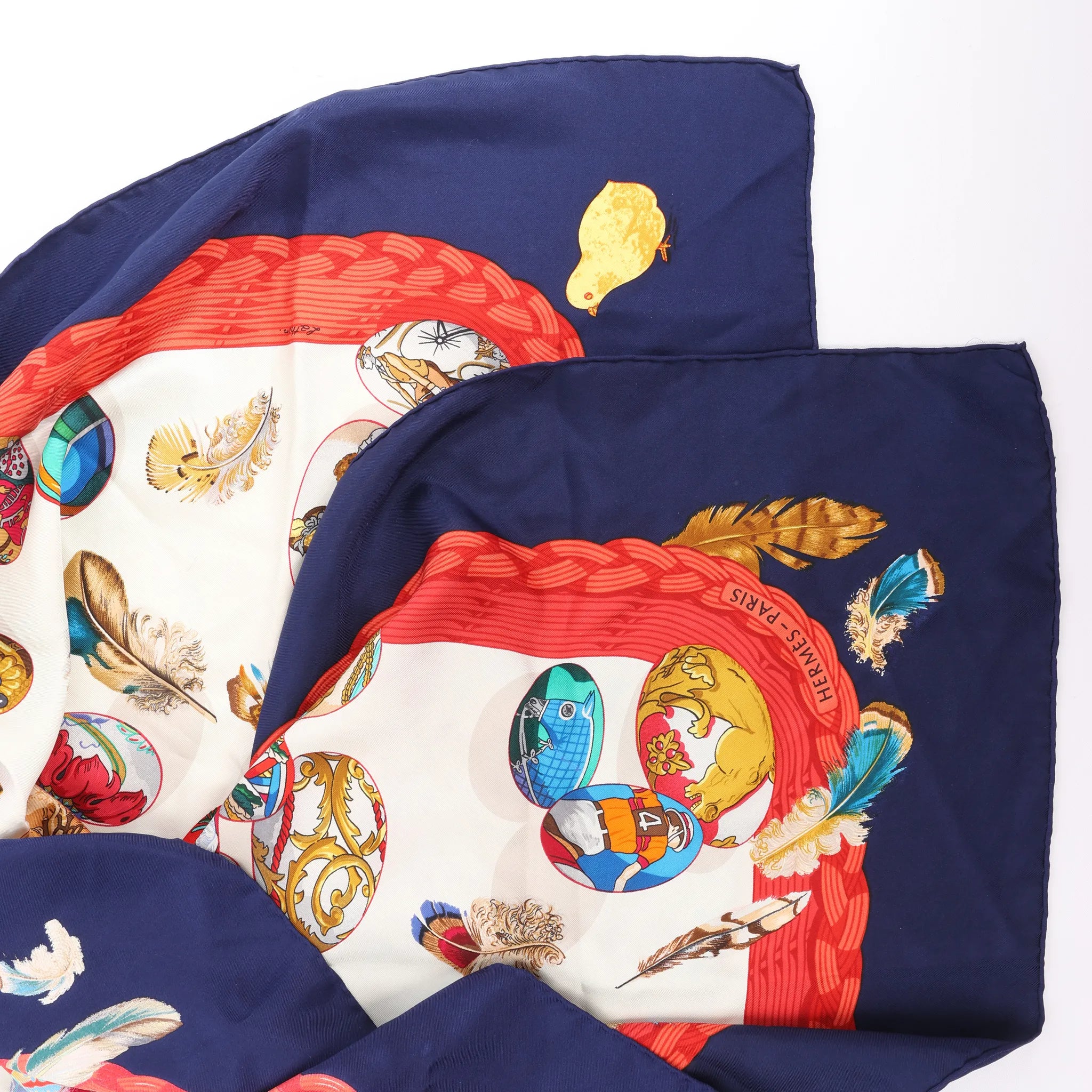 Hermès Carré 90 "Couvee d'Hermes" Silk handkerchief in Navy Blue x Red