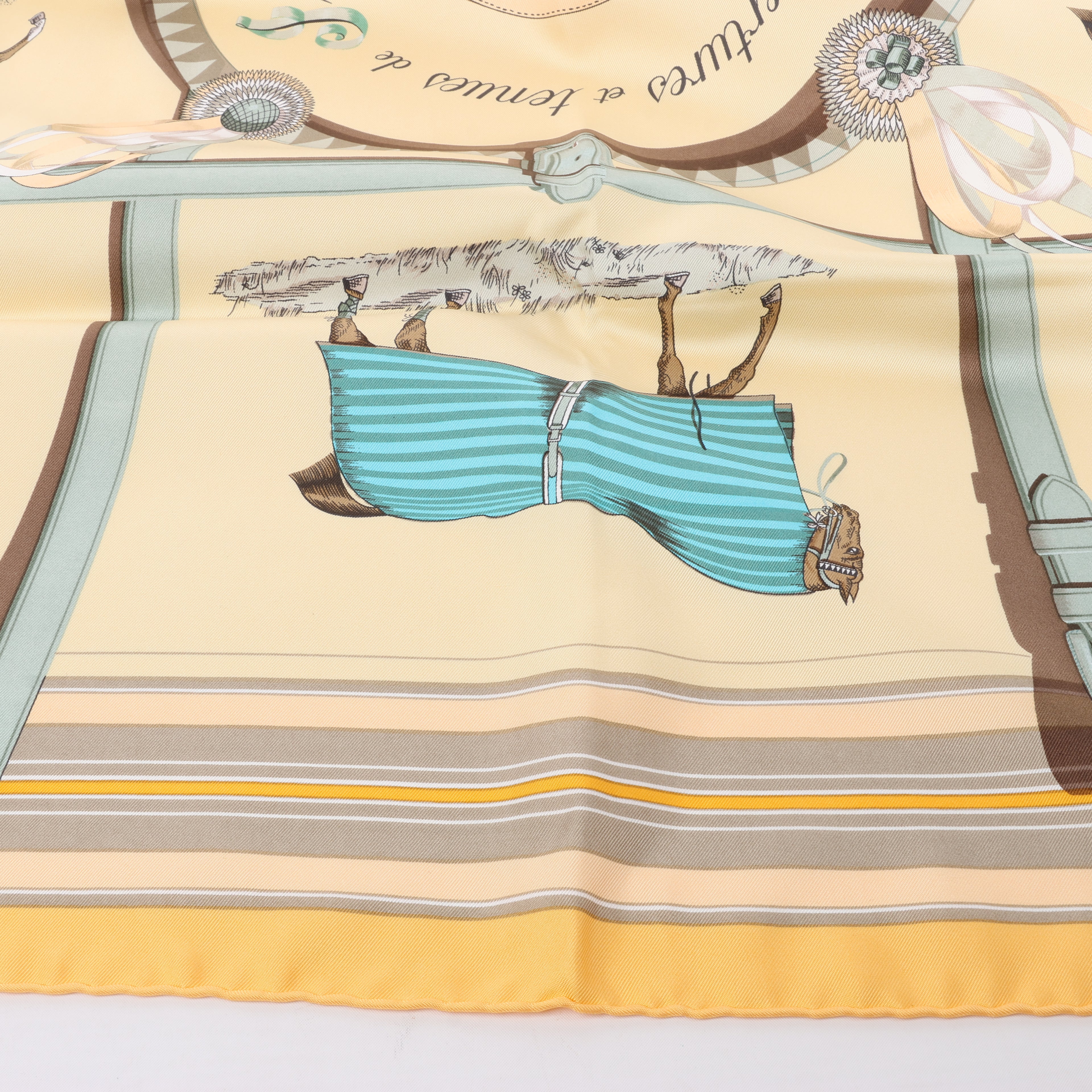 Hermès Carré 90 "Couvertures Et Tenues de Jour Pocket Square" 100% Silk Scarf in Beige