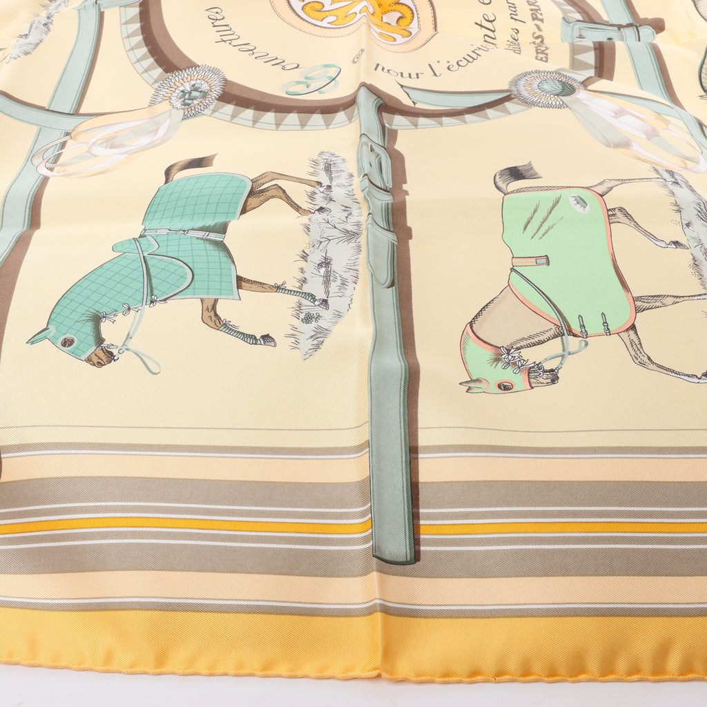 Hermès Carré 90 "Couvertures Et Tenues de Jour Pocket Square" 100% Silk Scarf in Beige