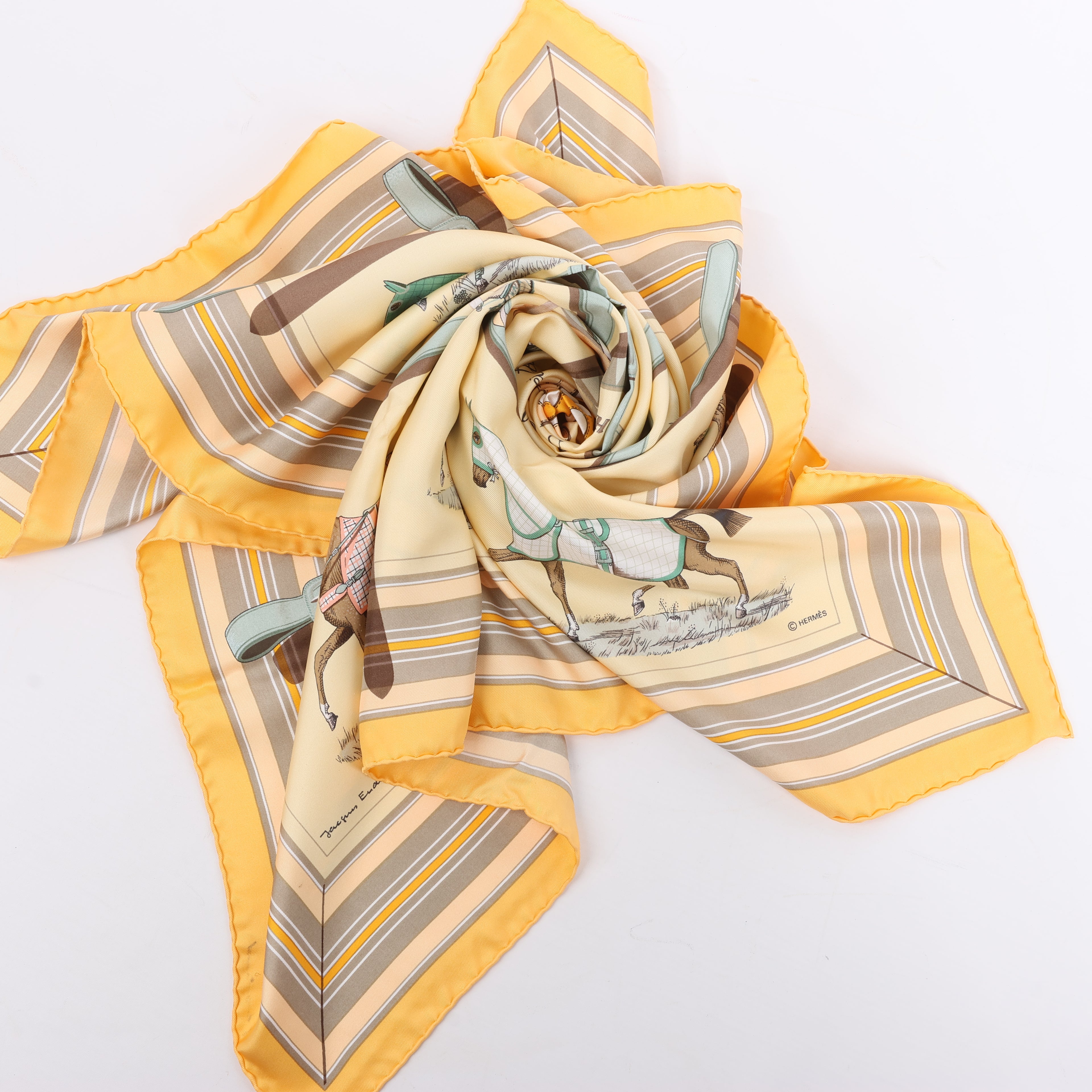 Hermès Carré 90 "Couvertures Et Tenues de Jour Pocket Square" 100% Silk Scarf in Beige
