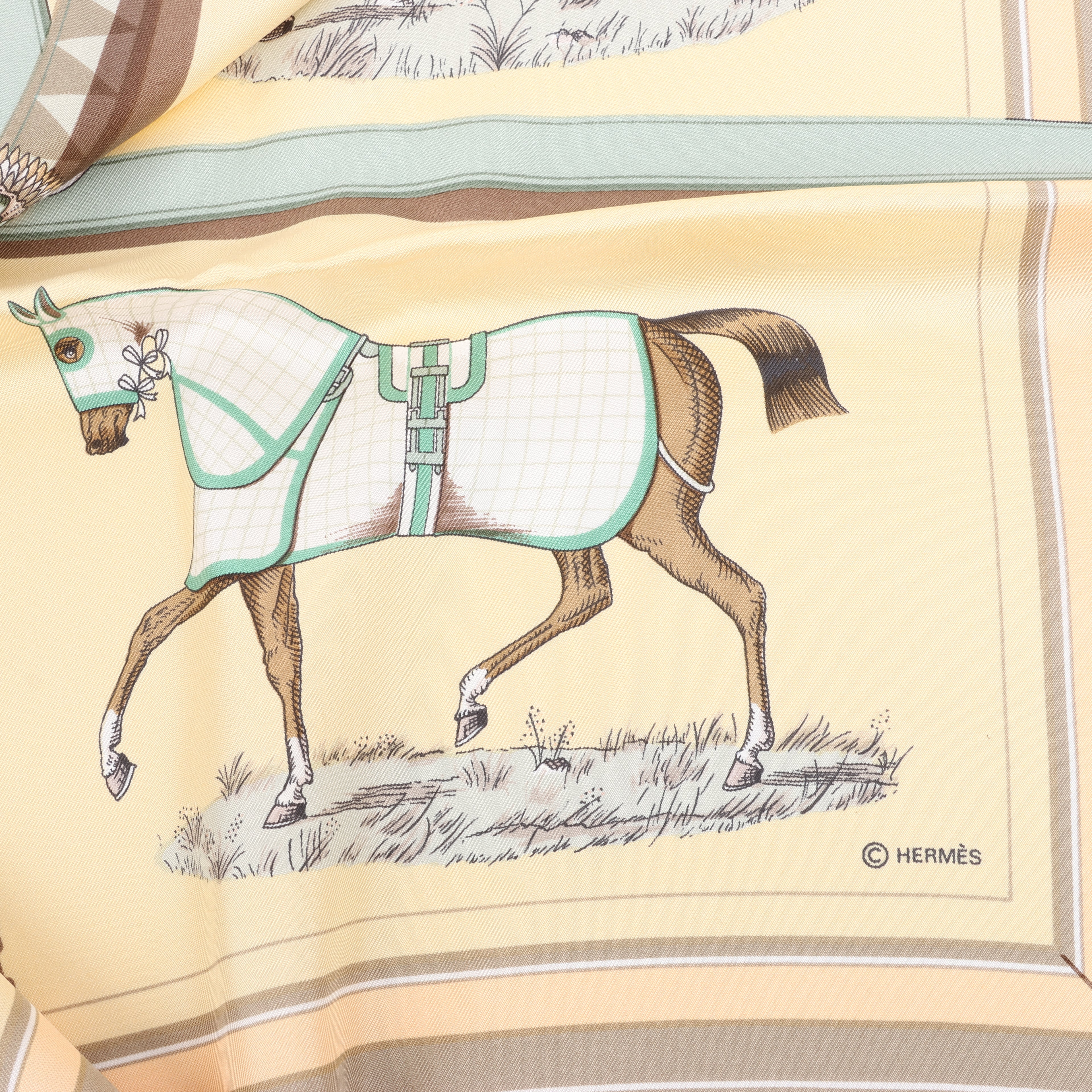 Hermès Carré 90 "Couvertures Et Tenues de Jour Pocket Square" 100% Silk Scarf in Beige
